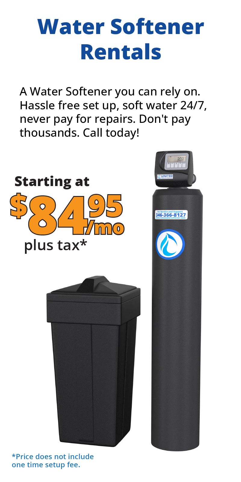 Guardian Whole Home Water Softener Rental from Rent-a-Water-Softener.com featuring the premium black twin-tank system (resin tank with digital metered control head + brine/salt tank). Removes hard water minerals for soft, scale-free water throughout your home. Affordable monthly rentals starting at $84.95 including salt and maintenance. Call 346-366-8127.